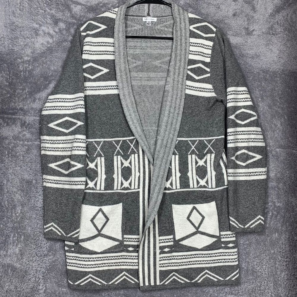 Rebecca Elliot Cardigan Womens Small Grey White Geometric Tribal Open Front Long
